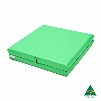 Folded Mint Green Foldable Hello Comfy Child Care Sleep Mat made from waterproof PVC vinyl and foam, tested to AS/NZS 8811.1:2013, Australian-made for daycare and child care use