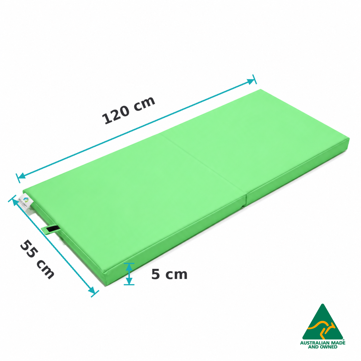 Dimensions of the Unfolded Mint Green Hello Comfy Foldable Child Care Sleep Mat showing 120cm length, 55cm width and 5cm thickness for daycare, kindergarten, school and early-learning use.