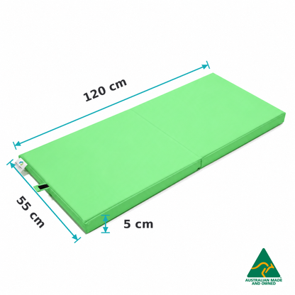 Dimensions of the Unfolded Mint Green Hello Comfy Foldable Child Care Sleep Mat showing 120cm length, 55cm width and 5cm thickness for daycare, kindergarten, school and early-learning use.