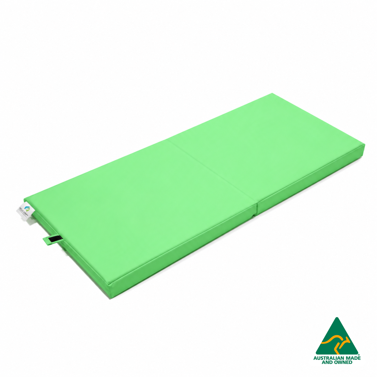 Unfolded Mint Green Foldable Hello Comfy Child Care Sleep Mat made from waterproof PVC vinyl and foam, tested to AS/NZS 8811.1:2013, Australian-made for daycare and child care use