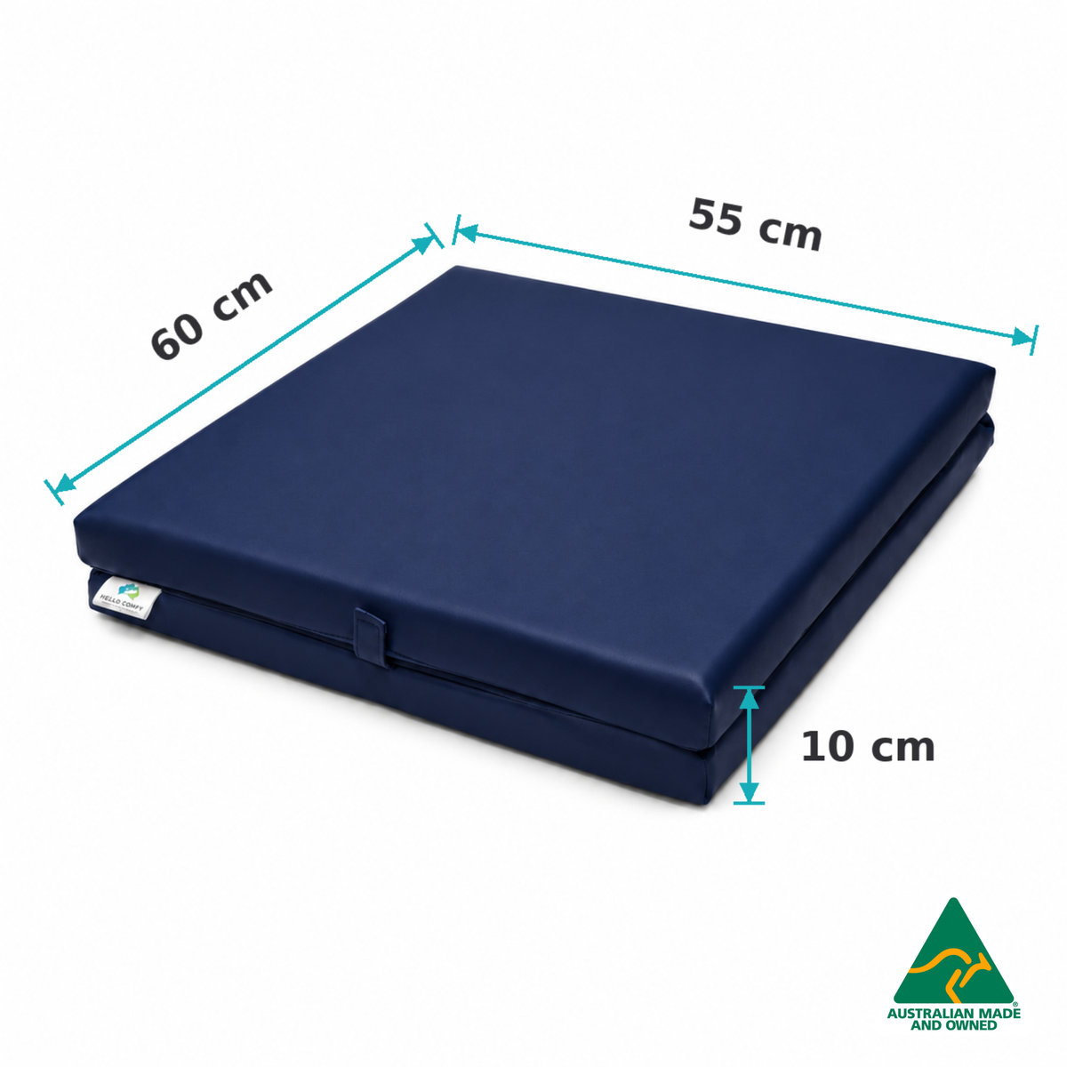 Dimensions of the Folded Navy Hello Comfy Foldable Child Care Sleep Mat showing 60cm length, 55cm width and 10cm thickness for daycare, kindergarten, school and early-learning use.