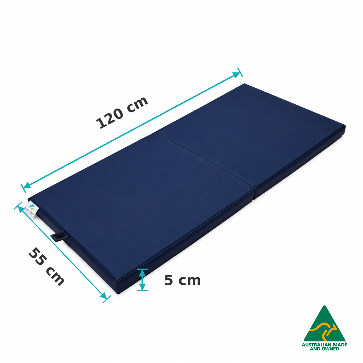 Dimensions of the Unfolded Navy Hello Comfy Foldable Child Care Sleep Mat showing 120cm length, 55cm width and 5cm thickness for daycare, kindergarten, school and early-learning use.