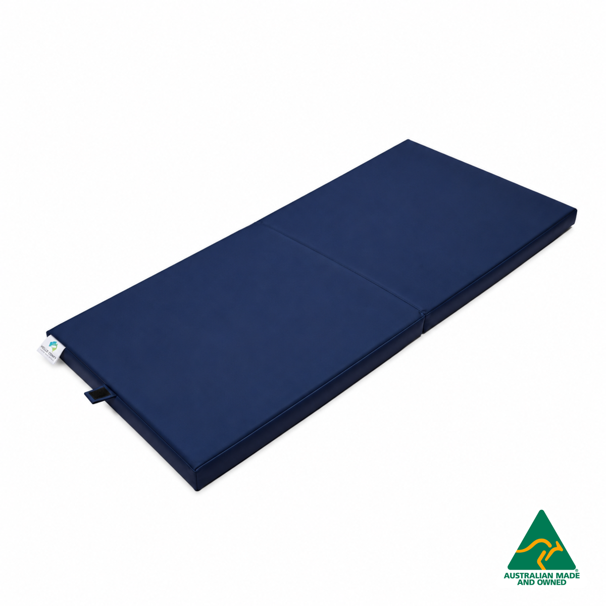 Unfolded Navy Foldable Hello Comfy Child Care Sleep Mat made from waterproof PVC vinyl and foam, tested to AS/NZS 8811.1:2013, Australian-made for daycare and child care use