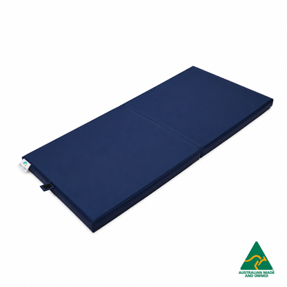 Unfolded Navy Foldable Hello Comfy Child Care Sleep Mat made from waterproof PVC vinyl and foam, tested to AS/NZS 8811.1:2013, Australian-made for daycare and child care use