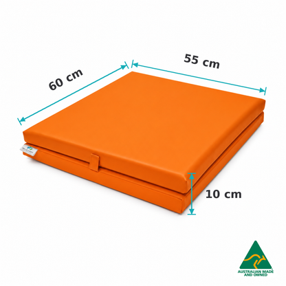 Dimensions of the Folded Orange Hello Comfy Foldable Child Care Sleep Mat showing 60cm length, 55cm width and 10cm thickness for daycare, kindergarten, school and early-learning use.