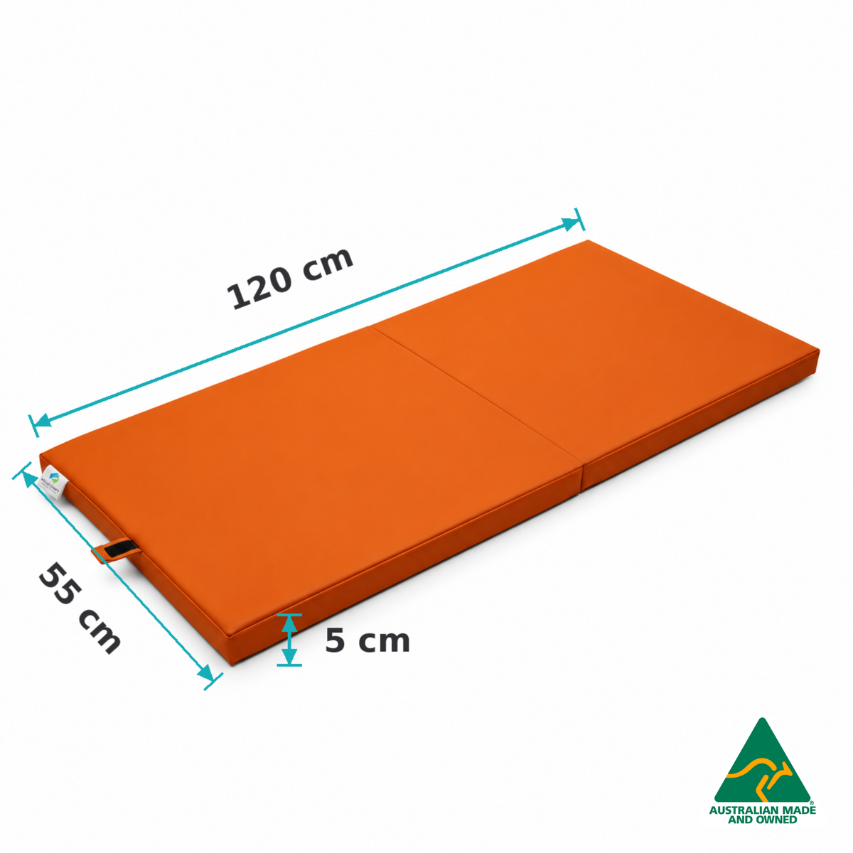 Dimensions of the Unfolded Orange Hello Comfy Foldable Child Care Sleep Mat showing 120cm length, 55cm width and 5cm thickness for daycare, kindergarten, school and early-learning use.