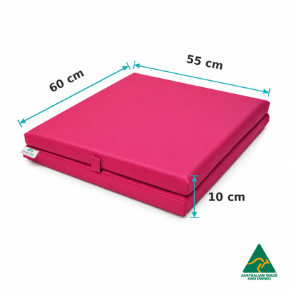 Dimensions of the Folded Pink Hello Comfy Foldable Child Care Sleep Mat showing 60cm length, 55cm width and 10cm thickness for daycare, kindergarten, school and early-learning use.