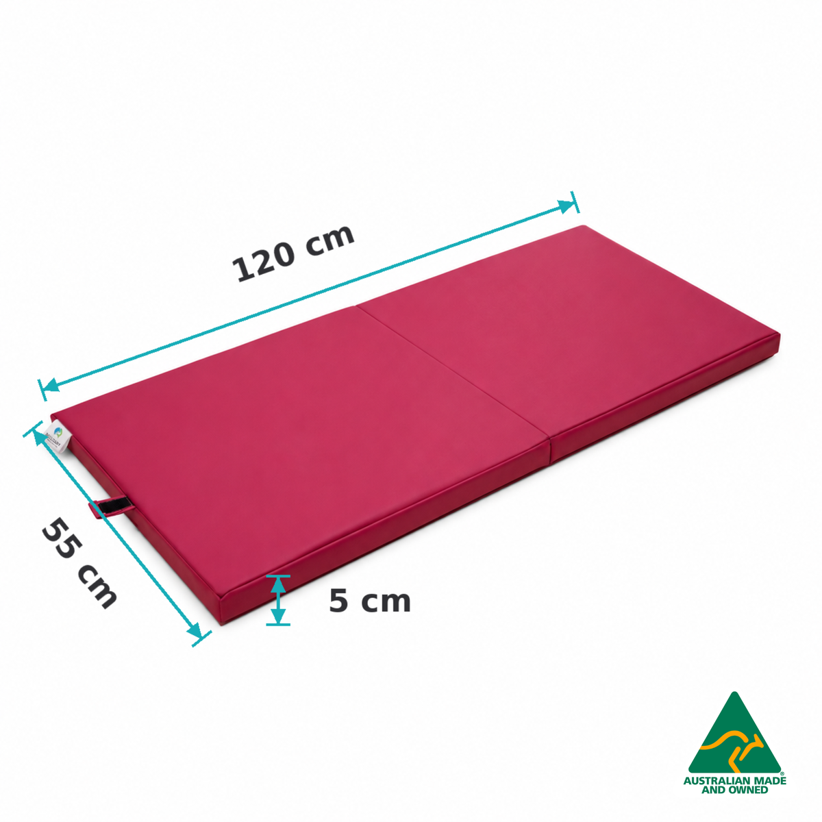 Dimensions of the Unfolded Pink Hello Comfy Foldable Child Care Sleep Mat showing 120cm length, 55cm width and 5cm thickness for daycare, kindergarten, school and early-learning use.