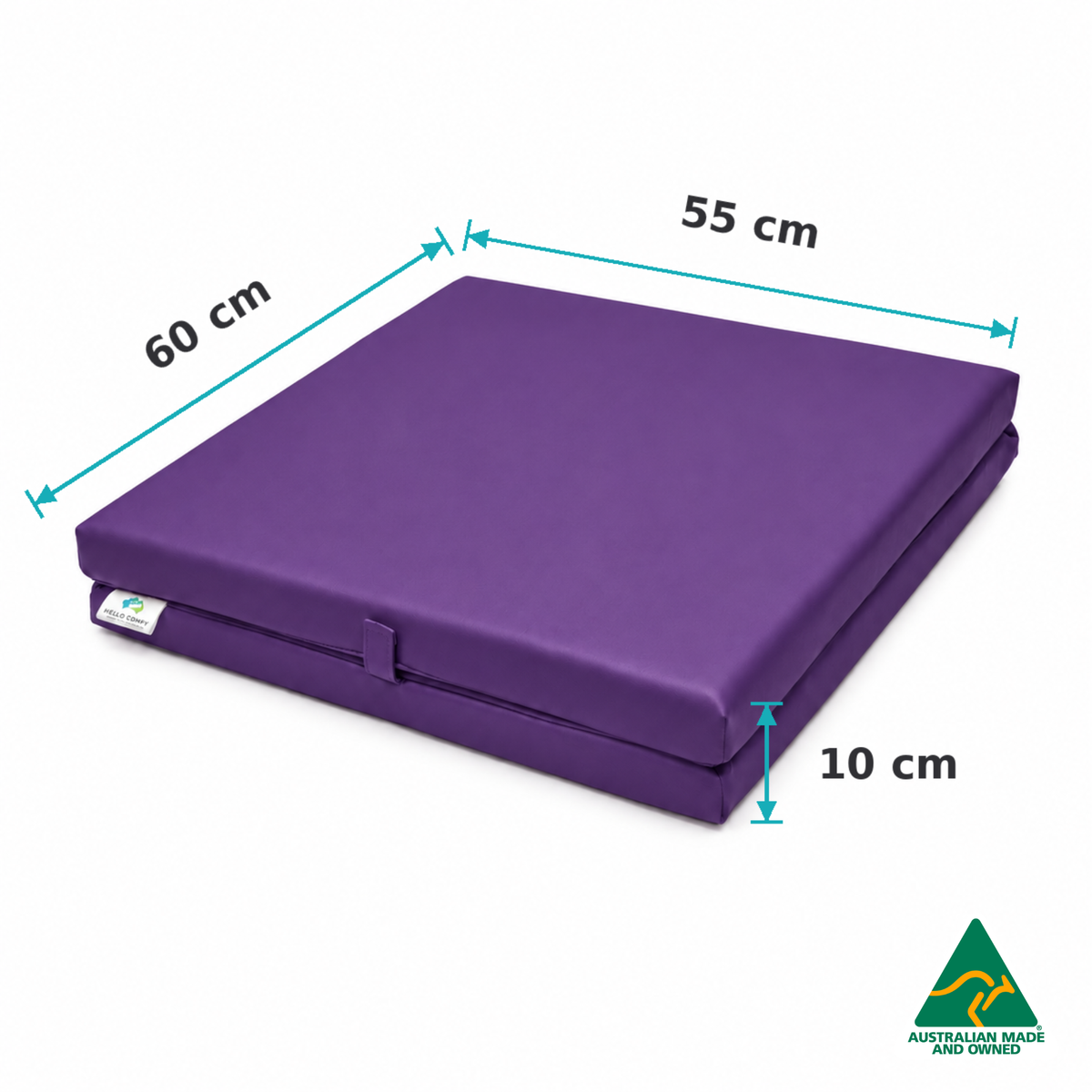 Dimensions of the Folded Purple Hello Comfy Foldable Child Care Sleep Mat showing 60cm length, 55cm width and 10cm thickness for daycare, kindergarten, school and early-learning use.