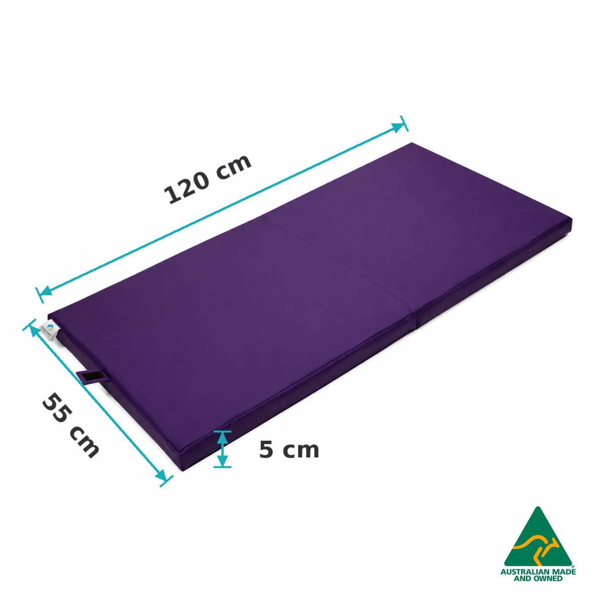 Dimensions of the Unfolded Purple Hello Comfy Foldable Child Care Sleep Mat showing 120cm length, 55cm width and 5cm thickness for daycare, kindergarten, school and early-learning use.