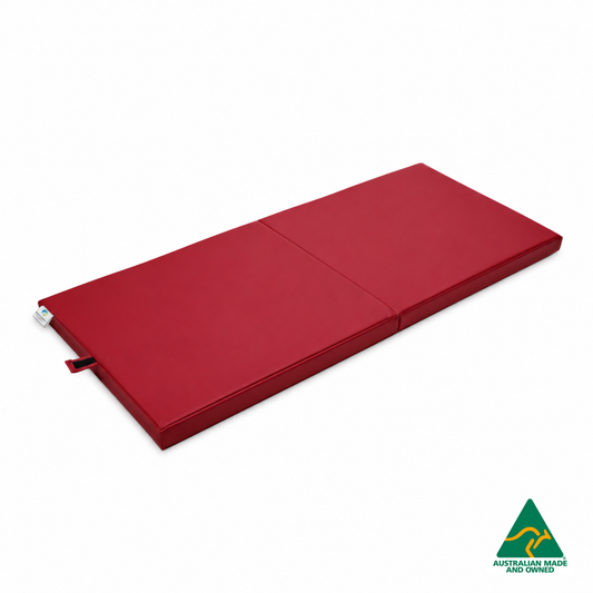 Unfolded Red Foldable Hello Comfy Child Care Sleep Mat made from waterproof PVC vinyl and foam, tested to AS/NZS 8811.1:2013, Australian-made for daycare and child care use