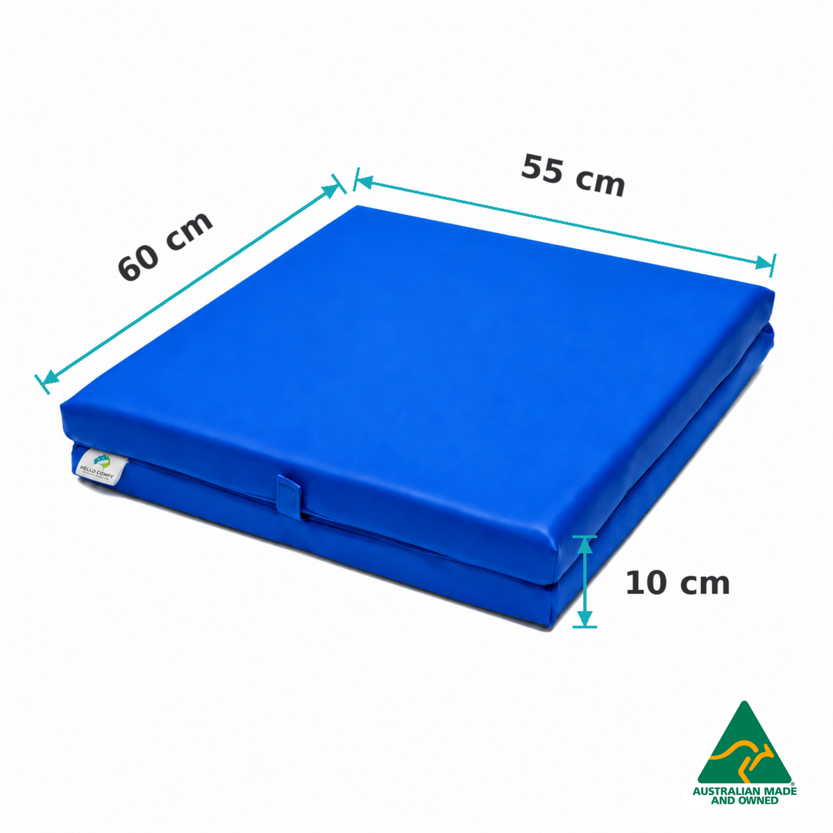 Dimensions of the Folded Royal Blue Hello Comfy Foldable Child Care Sleep Mat showing 60cm length, 55cm width and 10cm thickness for daycare, kindergarten, school and early-learning use.