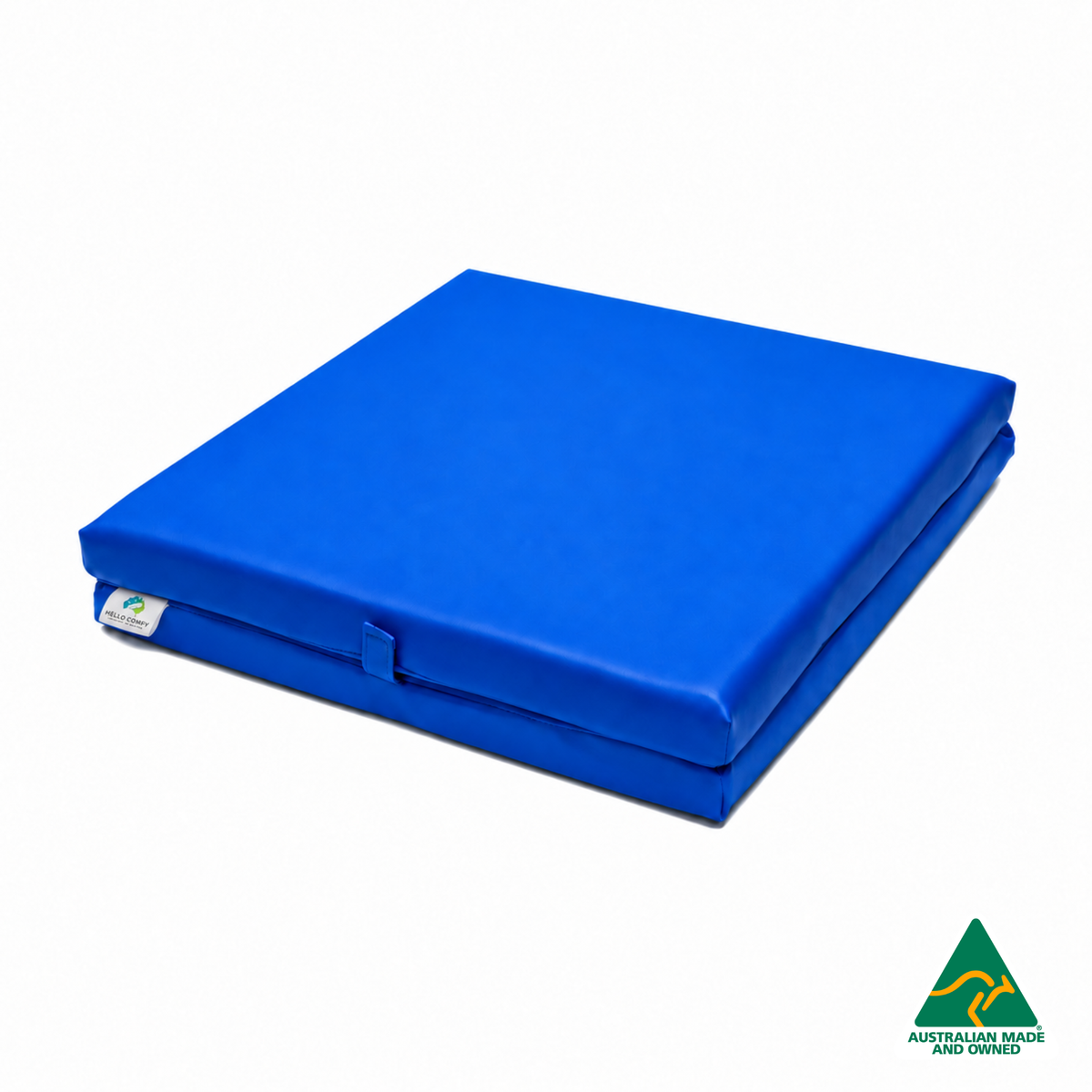 Folded Royal Blue Foldable Hello Comfy Child Care Sleep Mat made from waterproof PVC vinyl and foam, tested to AS/NZS 8811.1:2013, Australian-made for daycare and child care use