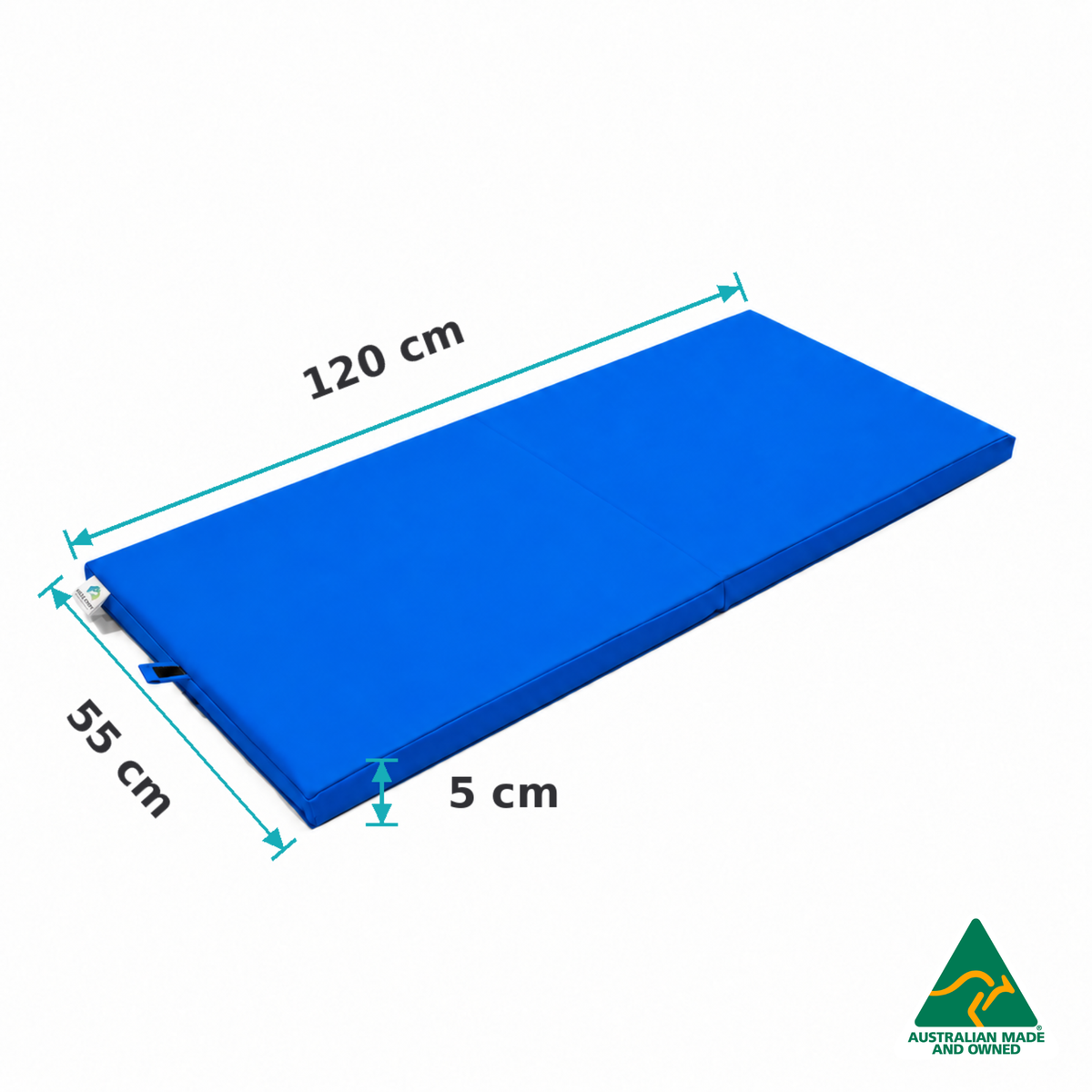 Dimensions of the Unfolded Royal Blue Hello Comfy Foldable Child Care Sleep Mat showing 120cm length, 55cm width and 5cm thickness for daycare, kindergarten, school and early-learning use.