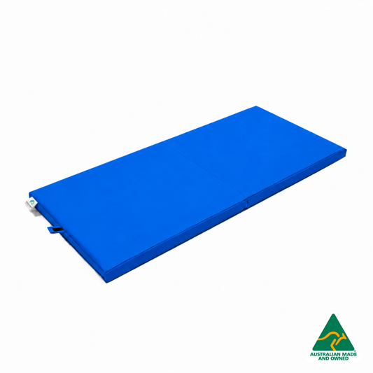 Unfolded Royal Blue Foldable Hello Comfy Child Care Sleep Mat made from waterproof PVC vinyl and foam, tested to AS/NZS 8811.1:2013, Australian-made for daycare and child care use