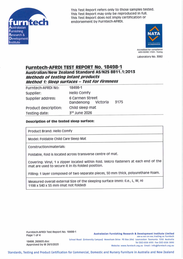 Independent safety test report for Hello Comfy foldable child care sleep mat tested to AS/NZS 8811.1:2013 firmness standard