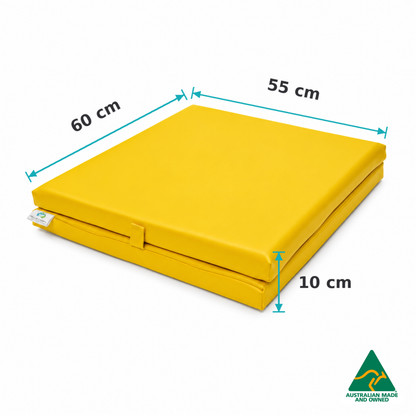 Dimensions of the Folded Yellow Hello Comfy Foldable Child Care Sleep Mat showing 60cm length, 55cm width and 10cm thickness for daycare, kindergarten, school and early-learning use.
