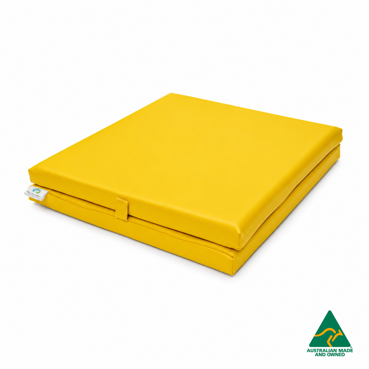 Folded Yellow Foldable Hello Comfy Child Care Sleep Mat made from waterproof PVC vinyl and foam, tested to AS/NZS 8811.1:2013, Australian-made for daycare and child care use