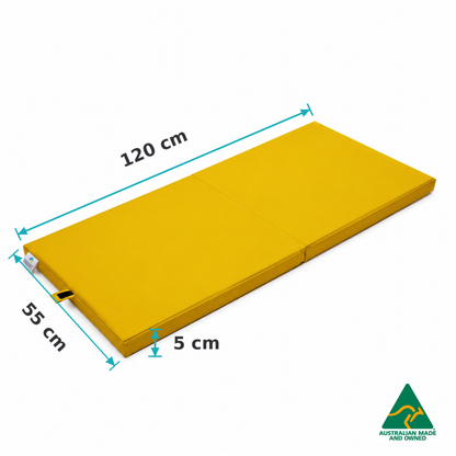 Dimensions of the Unfolded Yellow Hello Comfy Foldable Child Care Sleep Mat showing 120cm length, 55cm width and 5cm thickness for daycare, kindergarten, school and early-learning use.
