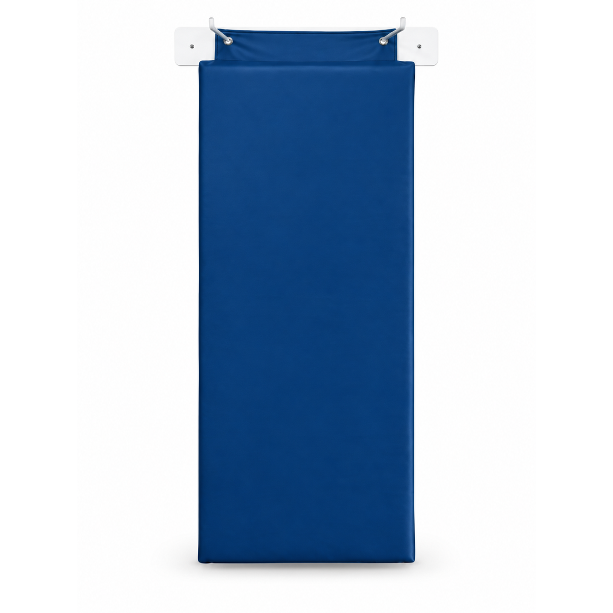 Front view of Navy Hello Comfy Hanging Child Care Sleep Mat and Wall Storage Rack, with two eyelets for hanging storage, Australian-made for child care, kindergarten, school and daycare use.
