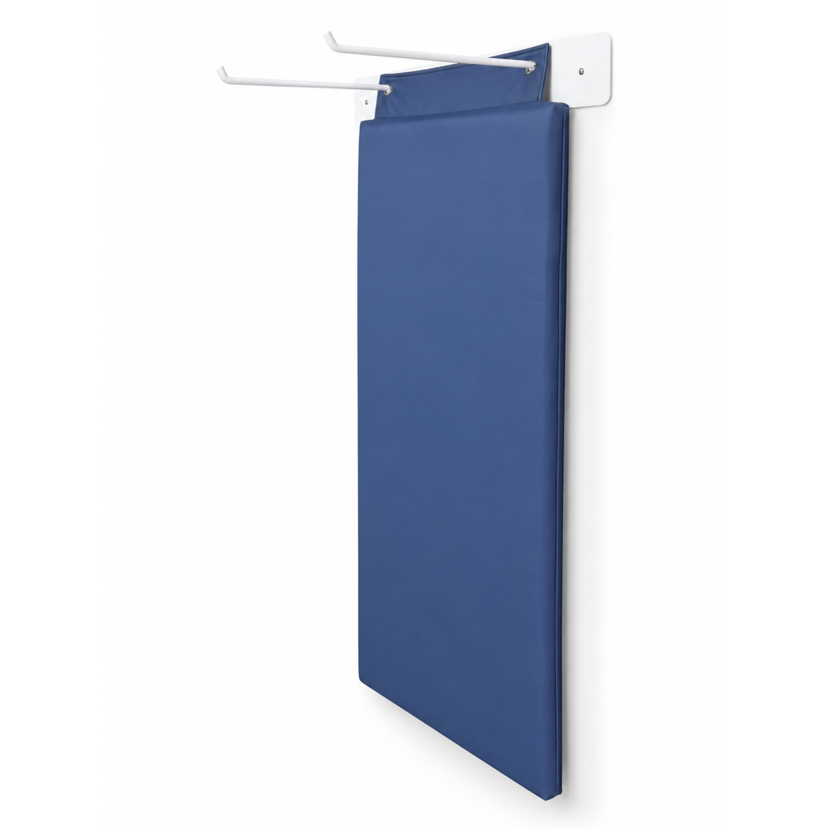 Side view of Navy Hello Comfy Hanging Child Care Sleep Mat and Wall Storage Rack, with two eyelets for hanging storage, Australian-made for child care, kindergarten, school and daycare use.