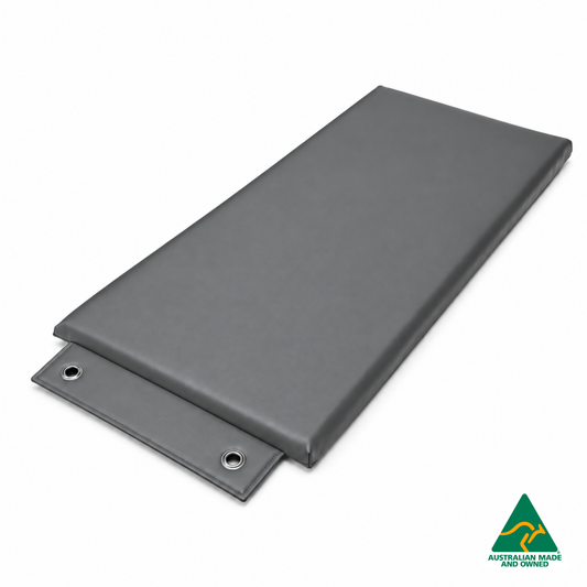 Angled view of the Grey Hello Comfy Hanging Child Care Sleep Mat with two reinforced eyelets, waterproof vinyl and foam tested to AS/NZS 8811.1:2013, Australian-made for child care, kindergarten, school and daycare use.