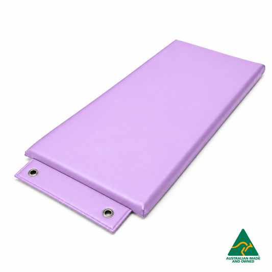 Angled view of the Lavender Purple Hello Comfy Hanging Child Care Sleep Mat with two reinforced eyelets, waterproof vinyl and foam tested to AS/NZS 8811.1:2013, Australian-made for child care, kindergarten, school and daycare use.