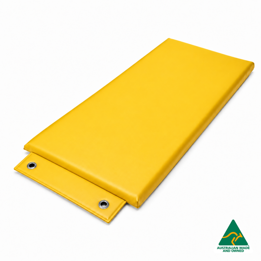 Angled view of the Yellow Hello Comfy Hanging Child Care Sleep Mat with two reinforced eyelets, waterproof vinyl and foam tested to AS/NZS 8811.1:2013, Australian-made for child care, kindergarten, school and daycare use.