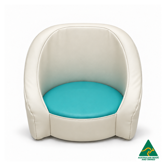 Front view of the Aqua Hello Comfy Child Care Cuddle Chair with a removable circular foam seat cushion, waterproof PVC vinyl upholstery and supportive chair backing. Made in Australia for child care centres, kindergartens, schools and daycare environments.