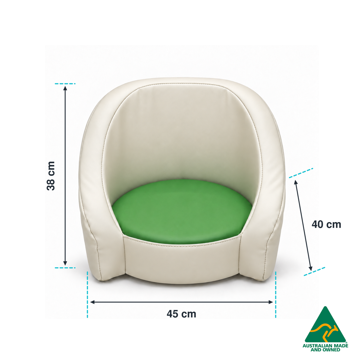 Dimensions infographic of the Green Hello Comfy Child Care Cuddle Chair showing 38 cm height, 45 cm width and 40 cm depth. Made in Australia for child care centres, kindergartens, schools and daycare environments.