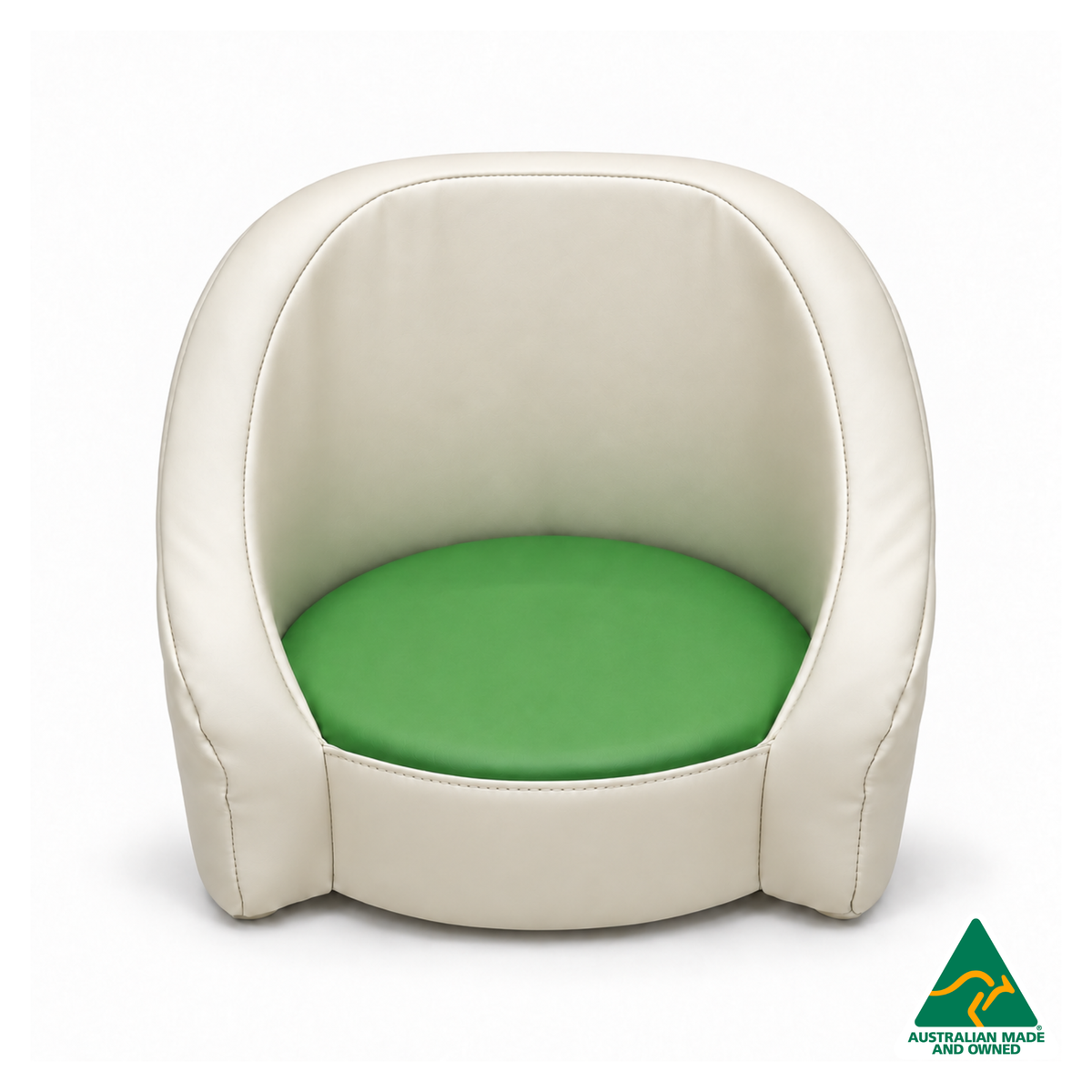 Front view of the Green Hello Comfy Child Care Cuddle Chair with a removable circular foam seat cushion, waterproof PVC vinyl upholstery and supportive chair backing. Made in Australia for child care centres, kindergartens, schools and daycare environments.