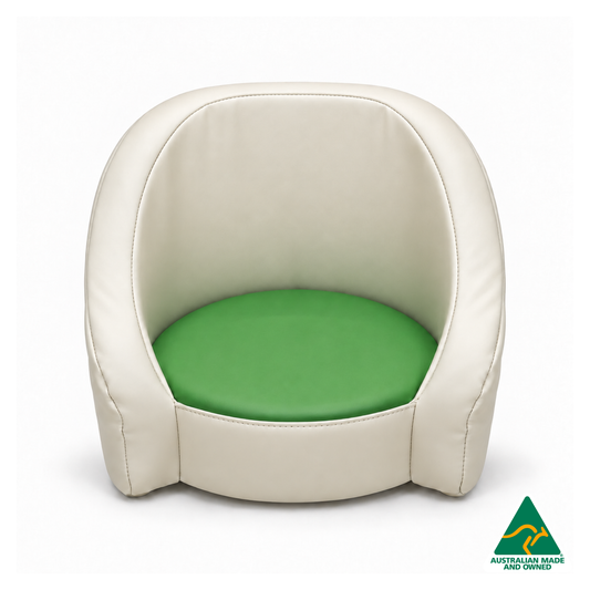Front view of the Green Hello Comfy Child Care Cuddle Chair with a removable circular foam seat cushion, waterproof PVC vinyl upholstery and supportive chair backing. Made in Australia for child care centres, kindergartens, schools and daycare environments.