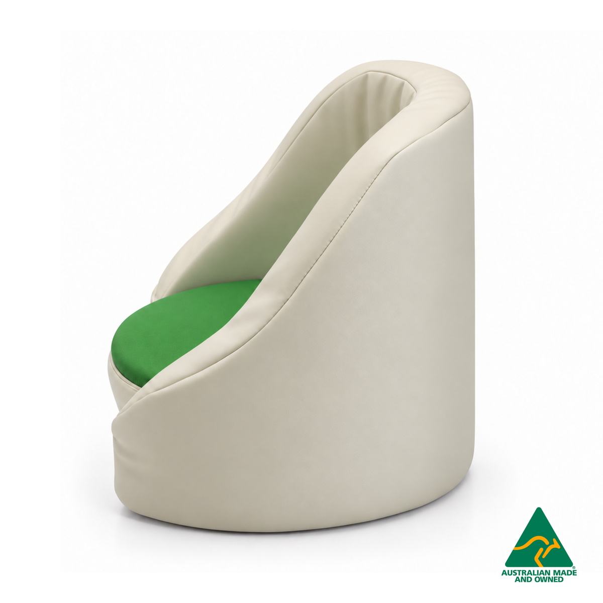 Side view of the Green Hello Comfy Child Care Cuddle Chair with a removable circular foam seat cushion, waterproof PVC vinyl upholstery and supportive chair backing. Made in Australia for child care centres, kindergartens, schools and daycare environments.