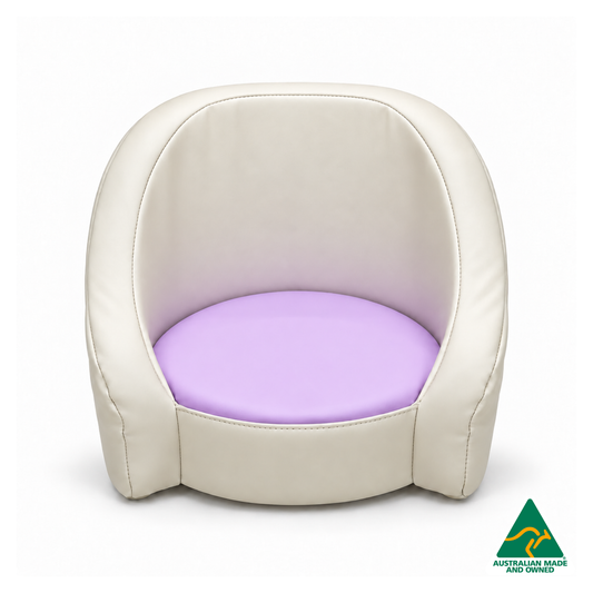 Front view of the Lavender Purple Hello Comfy Child Care Cuddle Chair with a removable circular foam seat cushion, waterproof PVC vinyl upholstery and supportive chair backing. Made in Australia for child care centres, kindergartens, schools and daycare environments.