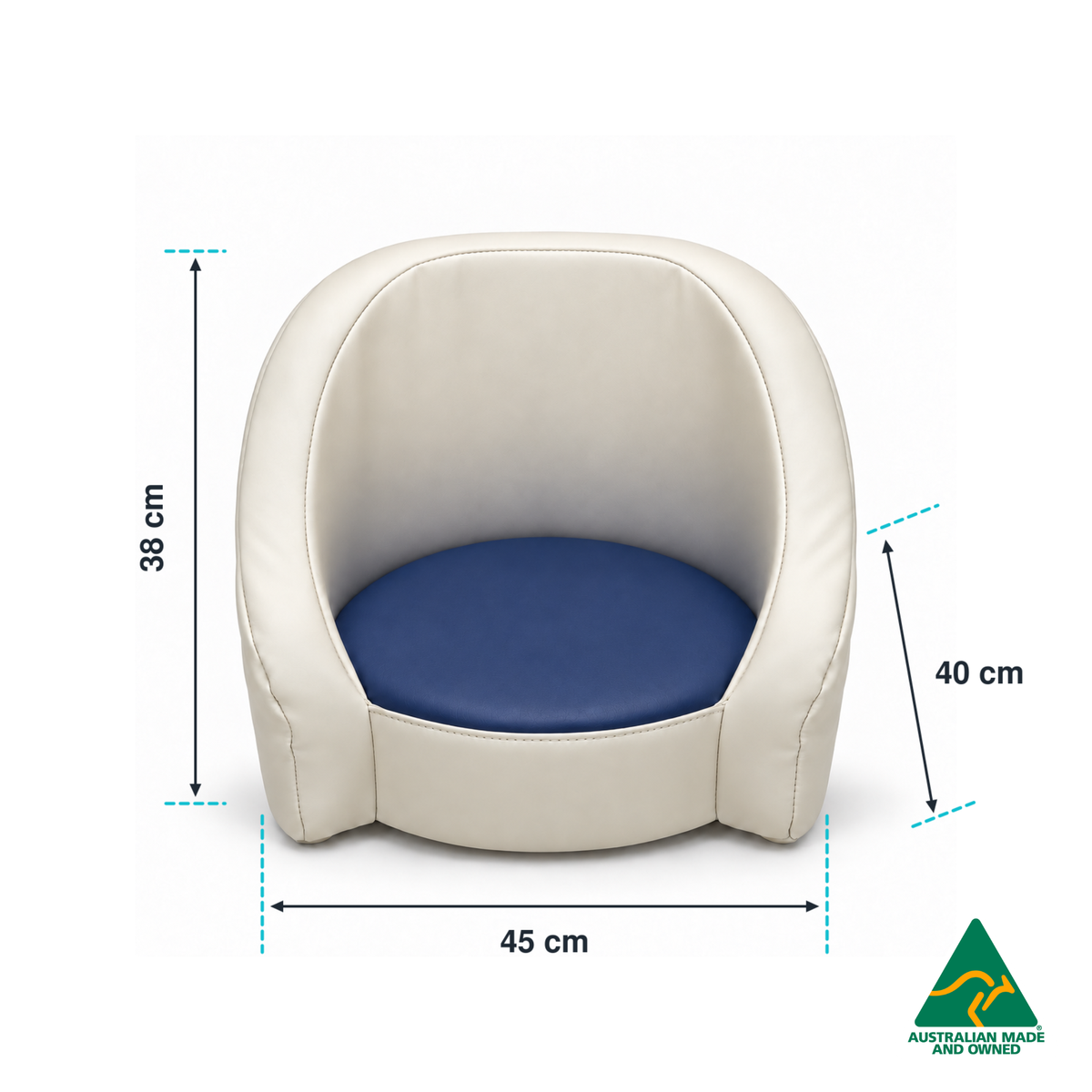 Dimensions infographic of the Navy Hello Comfy Child Care Cuddle Chair showing 38 cm height, 45 cm width and 40 cm depth. Made in Australia for child care centres, kindergartens, schools and daycare environments.