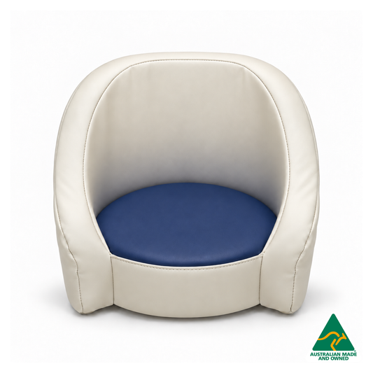 Front view of the Navy Hello Comfy Child Care Cuddle Chair with a removable circular foam seat cushion, waterproof PVC vinyl upholstery and supportive chair backing. Made in Australia for child care centres, kindergartens, schools and daycare environments.