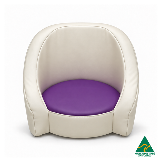 Front view of the Purple Hello Comfy Child Care Cuddle Chair with a removable circular foam seat cushion, waterproof PVC vinyl upholstery and supportive chair backing. Made in Australia for child care centres, kindergartens, schools and daycare environments.