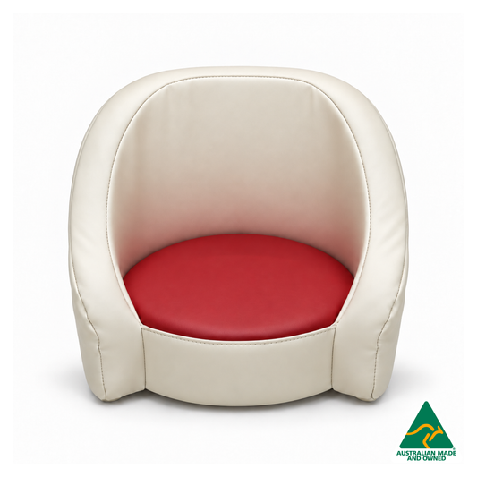 Front view of the Red Hello Comfy Child Care Cuddle Chair with a removable circular foam seat cushion, waterproof PVC vinyl upholstery and supportive chair backing. Made in Australia for child care centres, kindergartens, schools and daycare environments.