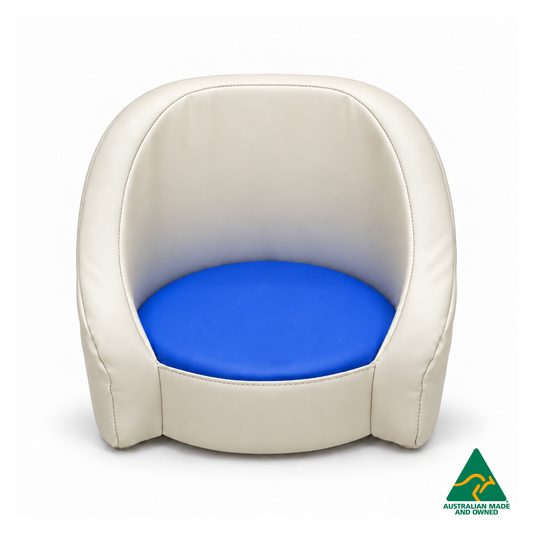 Front view of the Royal Blue Hello Comfy Child Care Cuddle Chair with a removable circular foam seat cushion, waterproof PVC vinyl upholstery and supportive chair backing. Made in Australia for child care centres, kindergartens, schools and daycare environments.
