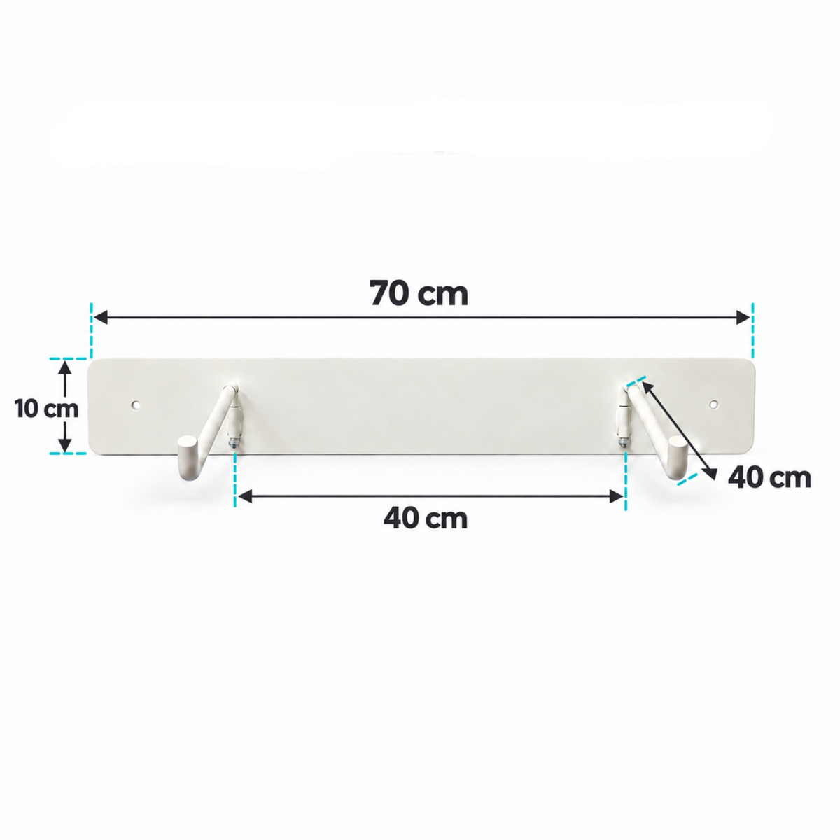 Dimensions of the Hello Comfy Child Care Peg Mat Wall Storage Rack showing a 70 × 10 cm base plate, 40 cm arms and 40 cm spacing between arms. For daycare, kindergarten, schools and early-learning use.
