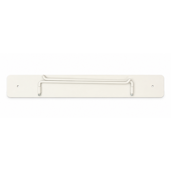 Front view of the white Hello Comfy Child Care Peg Mat Wall Storage Rack with both storage arms folded inward against the base plate. For daycare, kindergarten, schools and early-learning use.