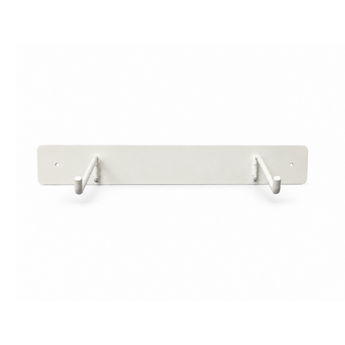 Front view of the white Hello Comfy Child Care Peg Mat Wall Storage Rack with both foldable storage arms open. For daycare, kindergarten, schools and early-learning use.