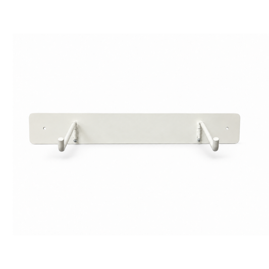 Front view of the white Hello Comfy Child Care Peg Mat Wall Storage Rack with both foldable storage arms open. For daycare, kindergarten, schools and early-learning use.