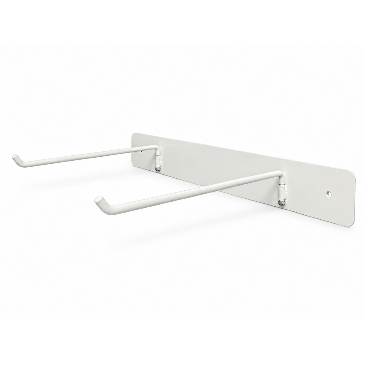 Three-quarter view of the white Hello Comfy Child Care Peg Mat Wall Storage Rack with two foldable arms open for hanging sleep mat storage. For daycare, kindergarten, schools and early-learning use.