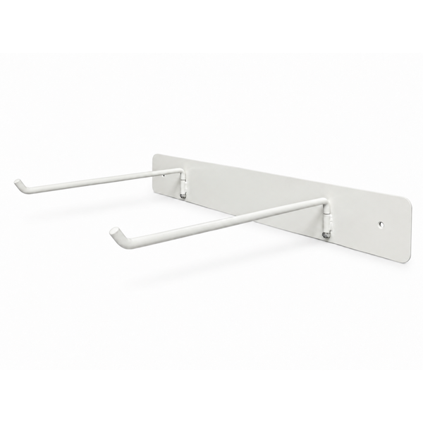 Three-quarter view of the white Hello Comfy Child Care Peg Mat Wall Storage Rack with two foldable arms open for hanging sleep mat storage. For daycare, kindergarten, schools and early-learning use.