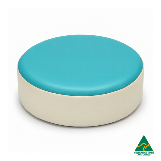 Front view of the Aqua Hello Comfy round foam seat pad with customisable colours and waterproof vinyl. Made in Australia for child care centres, kindergartens, schools and daycare environments.
