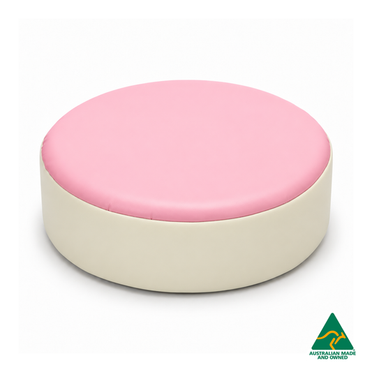 Front view of the Baby Pink Hello Comfy round foam seat pad with customisable colours and waterproof vinyl. Made in Australia for child care centres, kindergartens, schools and daycare environments.