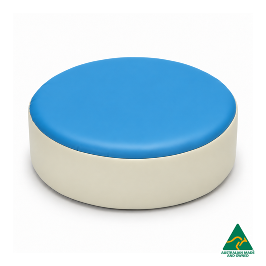 Front view of the Blue Hello Comfy round foam seat pad with customisable colours and waterproof vinyl. Made in Australia for child care centres, kindergartens, schools and daycare environments.