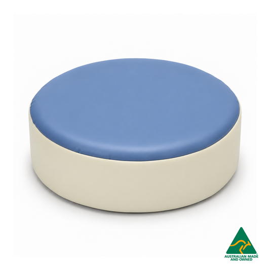 Front view of the Denim Blue Hello Comfy round foam seat pad with customisable colours and waterproof vinyl. Made in Australia for child care centres, kindergartens, schools and daycare environments.