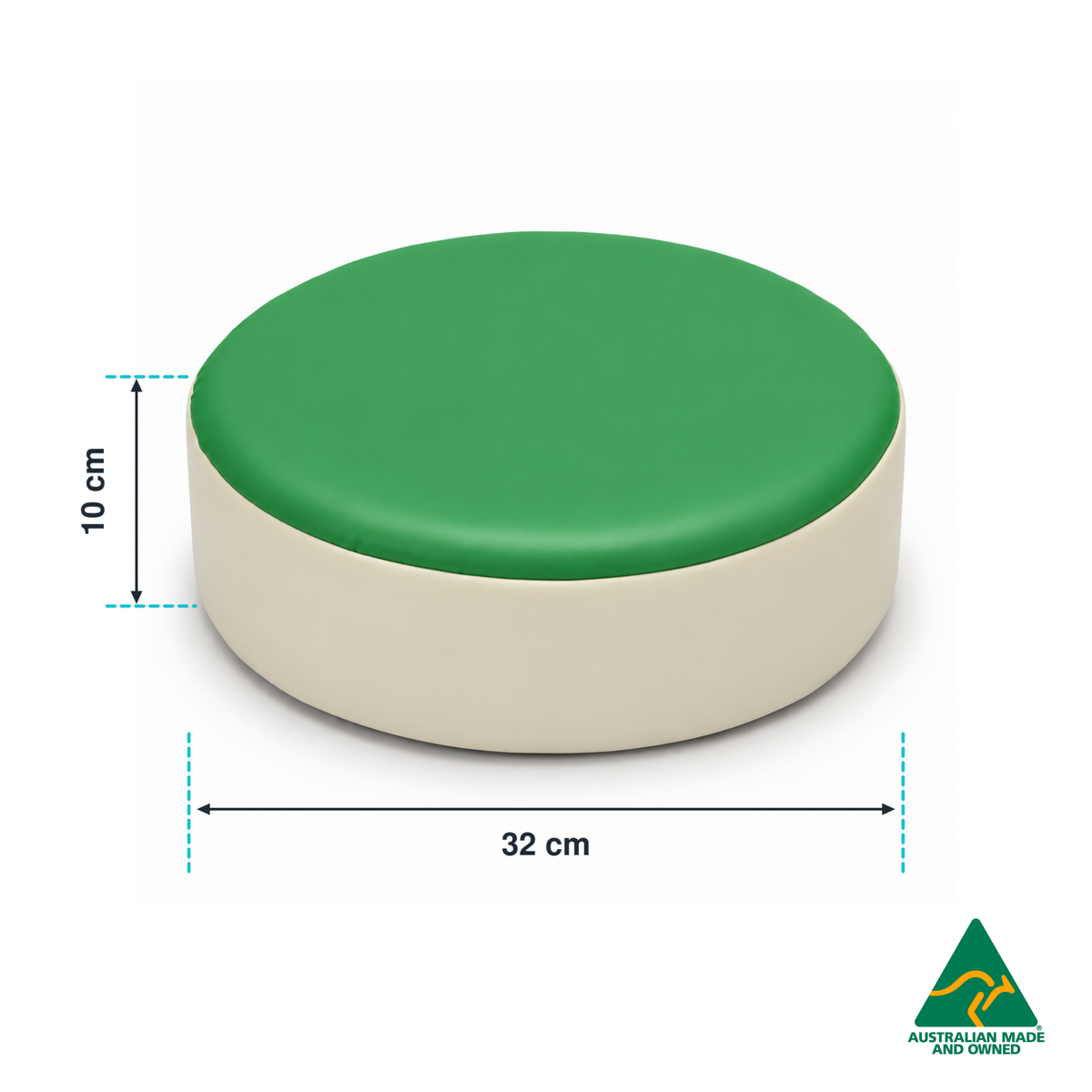 Green Hello Comfy round seat pad showing 32 cm diameter and 10 cm height, with customisable colours and waterproof vinyl. Made in Australia for child care centres, kindergartens, schools and daycare environments.